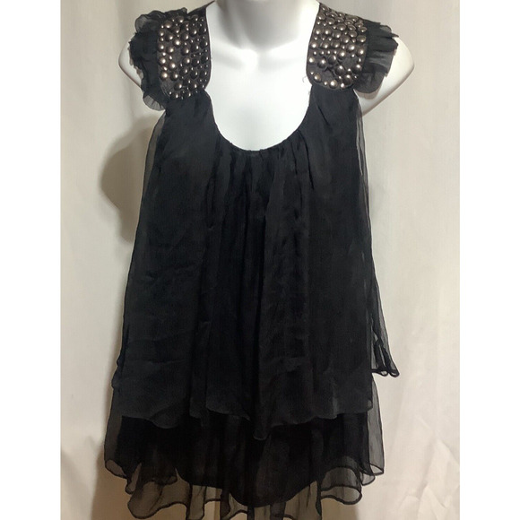 Glam Goth Black Ruffled Sleeveless Blouse Studded Strap Classy Dressy M - Picture 1 of 5